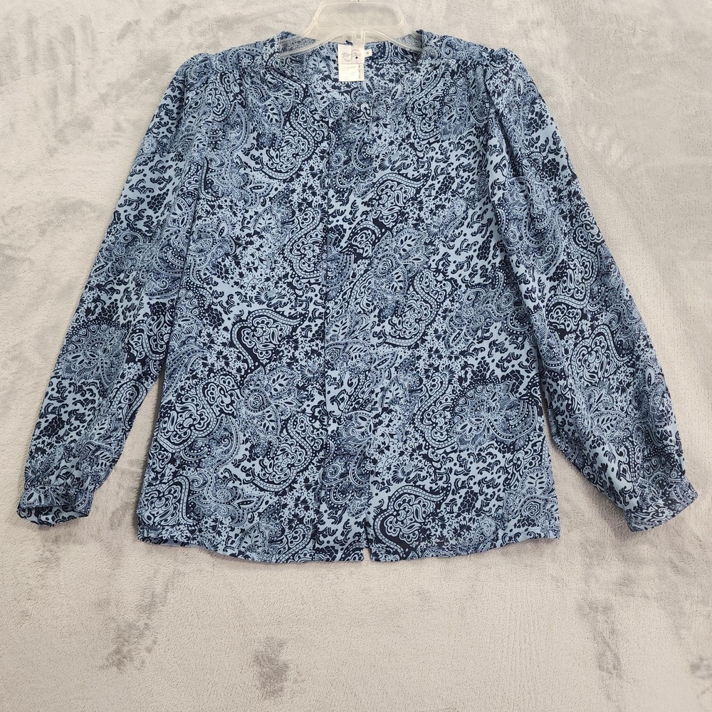 Vintage TanJay Shirt Womens 8 Blue Paisley Tie Neck Bow Long Sleeve Chiffon - Picture 5 of 16